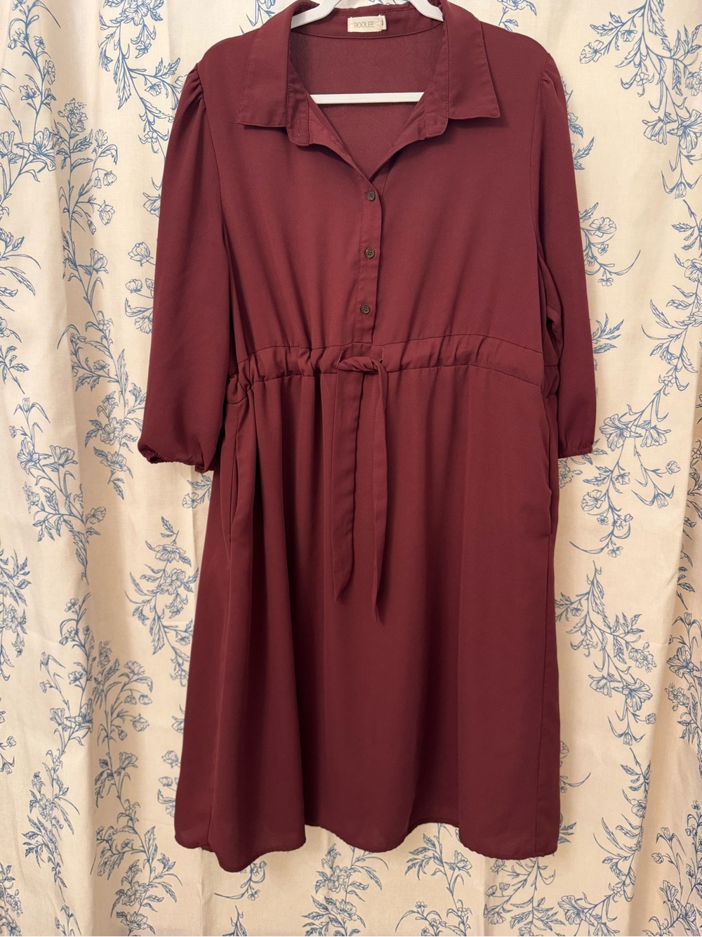 ROOLEE Burgundy shirt dress pockets waist tie and 3/4 sleeves XXL lined skirt